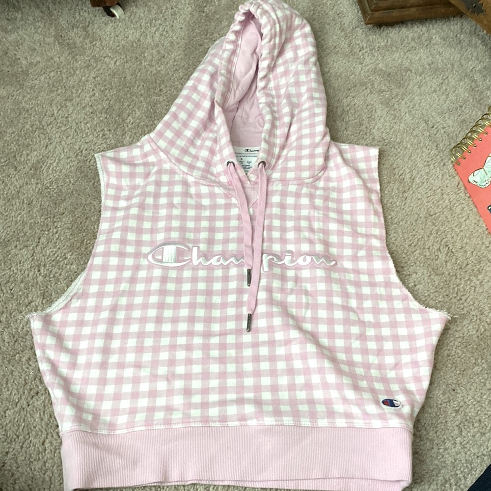 Champion small hoodie crop sleeveless pink gingham